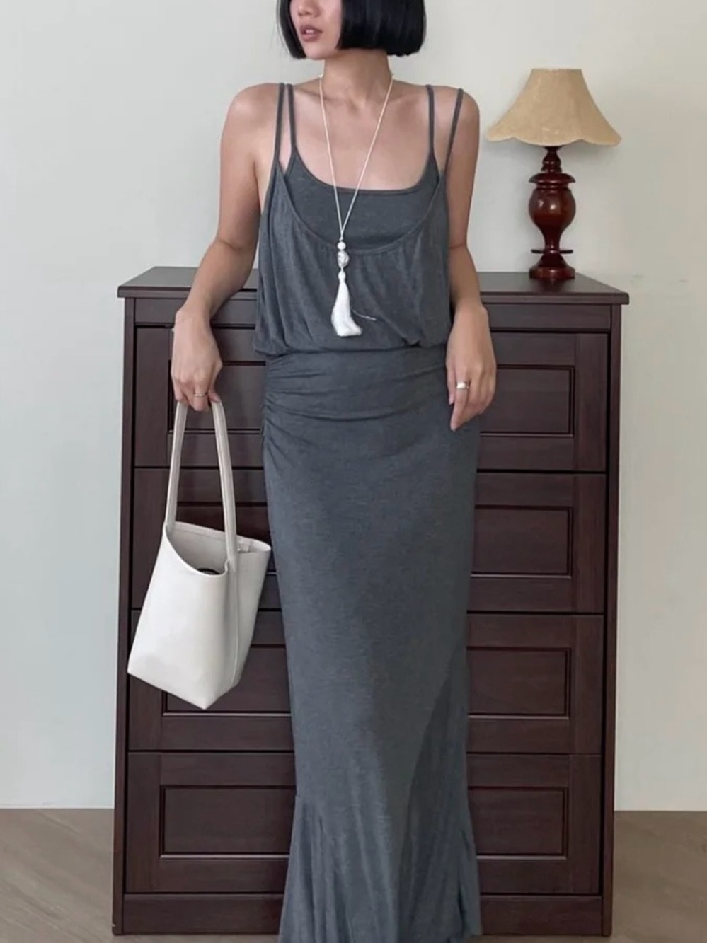 Commense Gray Ruched Double Layer Cami Asymmetrical Maxi Dress XS NWT